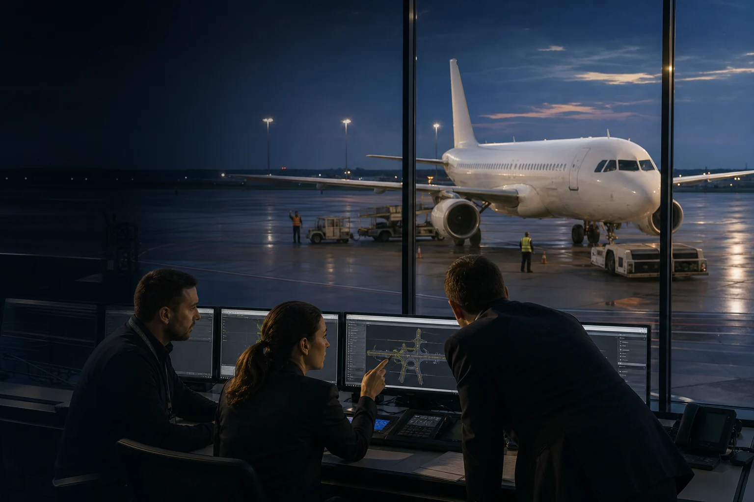 Airline operations team coordinating an unbranded aircraft turnaround at dusk