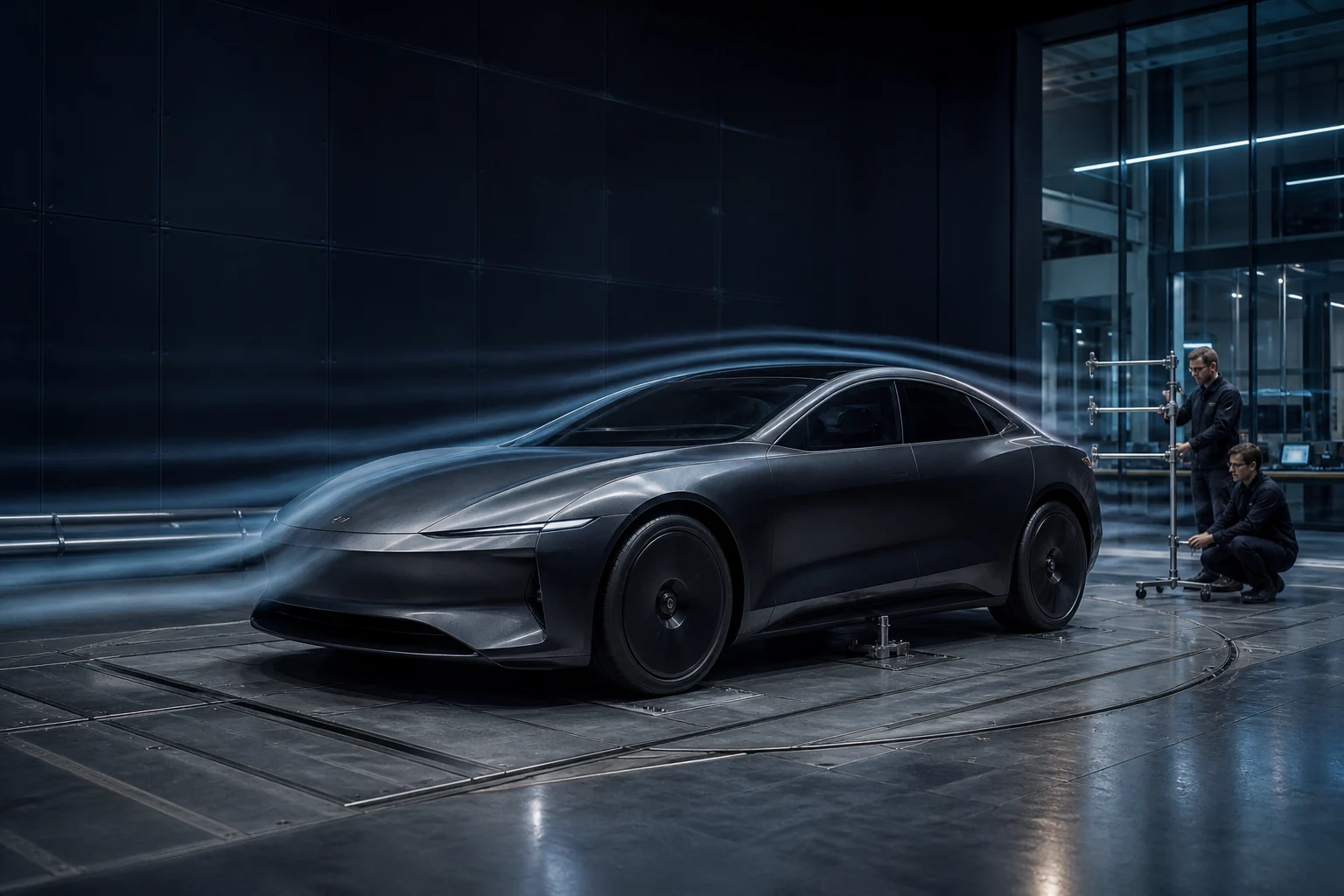 Unbranded automotive prototype undergoing aerodynamic validation in a wind tunnel