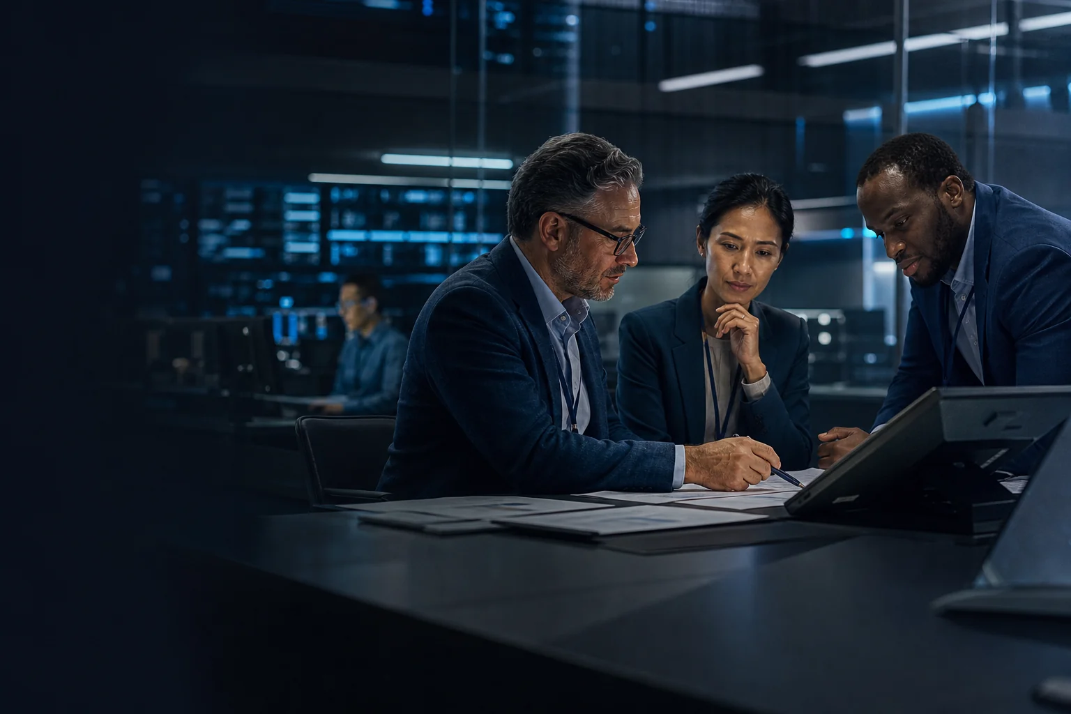 Financial-services risk and operations specialists reviewing a governed case
