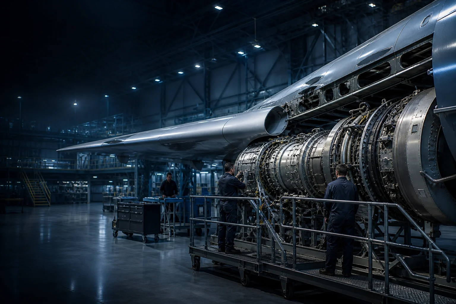 Aerospace engineers inspecting an aircraft wing and turbine assembly in a technical hangar