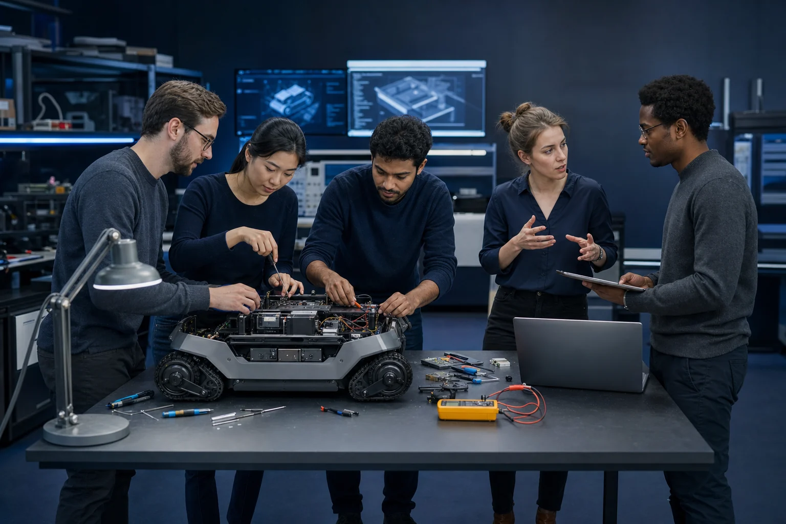 Engineers and technology professionals collaborating around a real prototype and workstation
