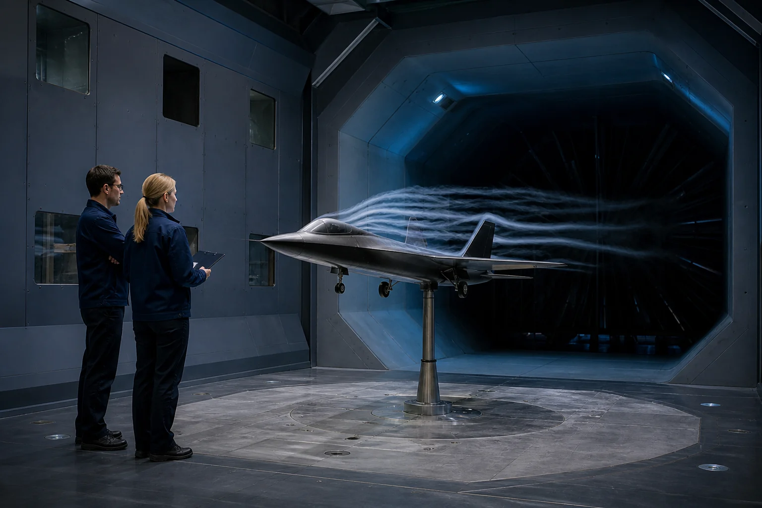 Aerodynamics engineers testing a complete scale model in a professional wind tunnel