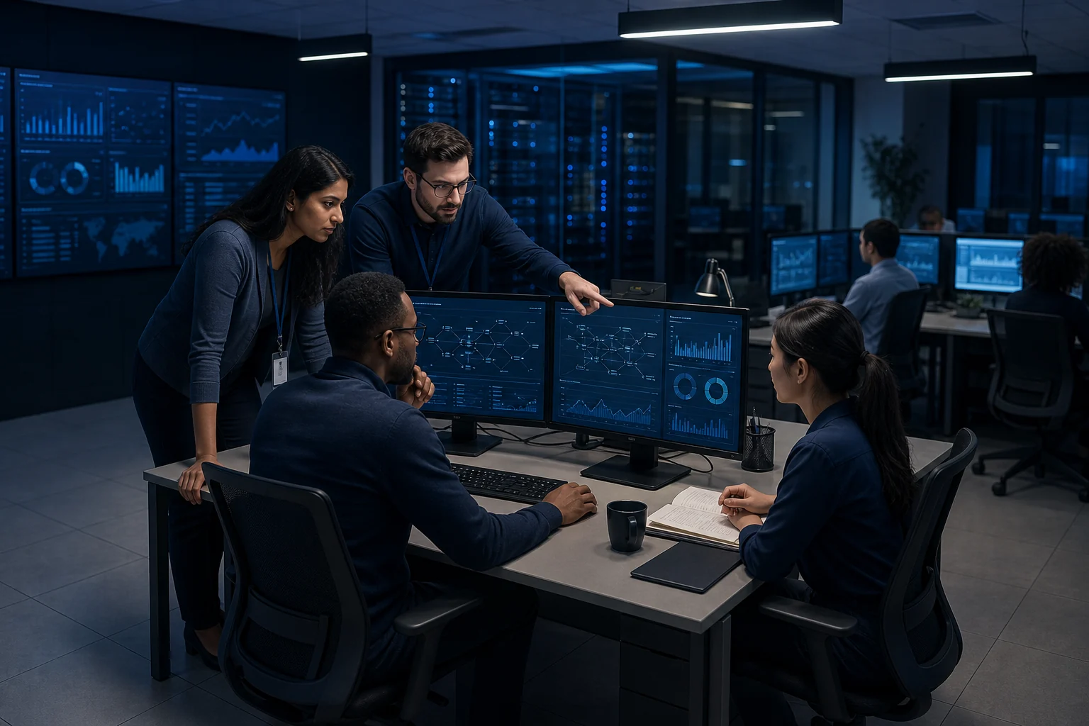 Data engineering specialists reviewing governed pipelines and data quality in a modern operations environment