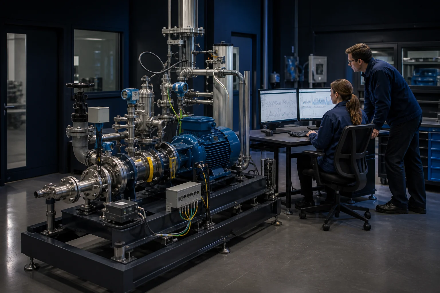 Engineers connecting a sensor equipped industrial asset with edge and operations systems