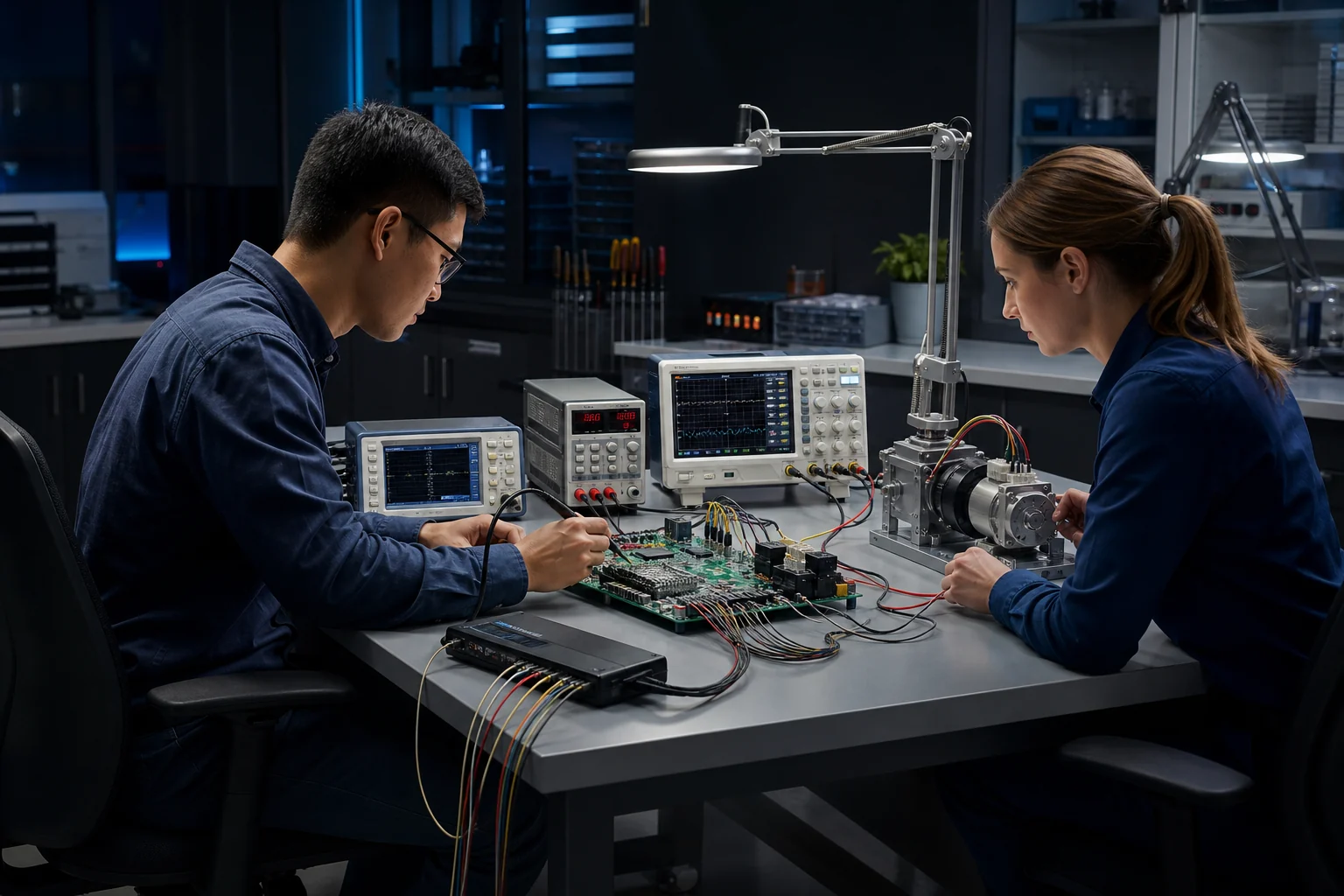 Embedded systems engineers validating control hardware at a complete electronics test bench