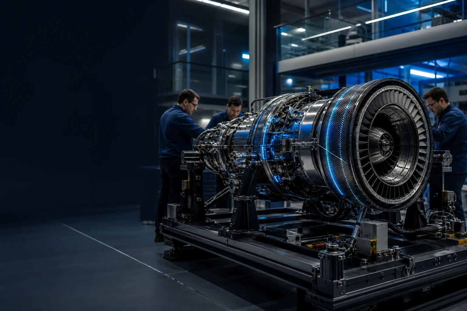 Engineers working around a precision turbine system in a modern engineering facility