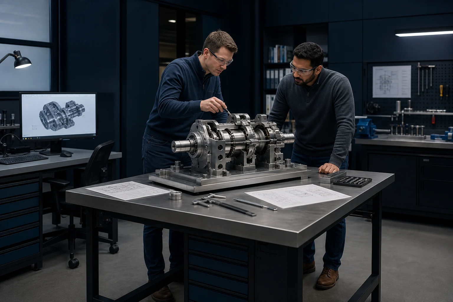 Mechanical engineers reviewing a precision machined assembly in a professional design studio