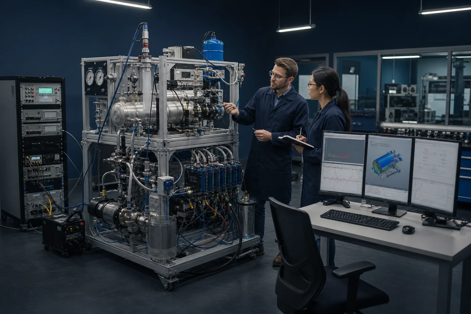 Engineers calibrating a sensor rich physical test system against computational models