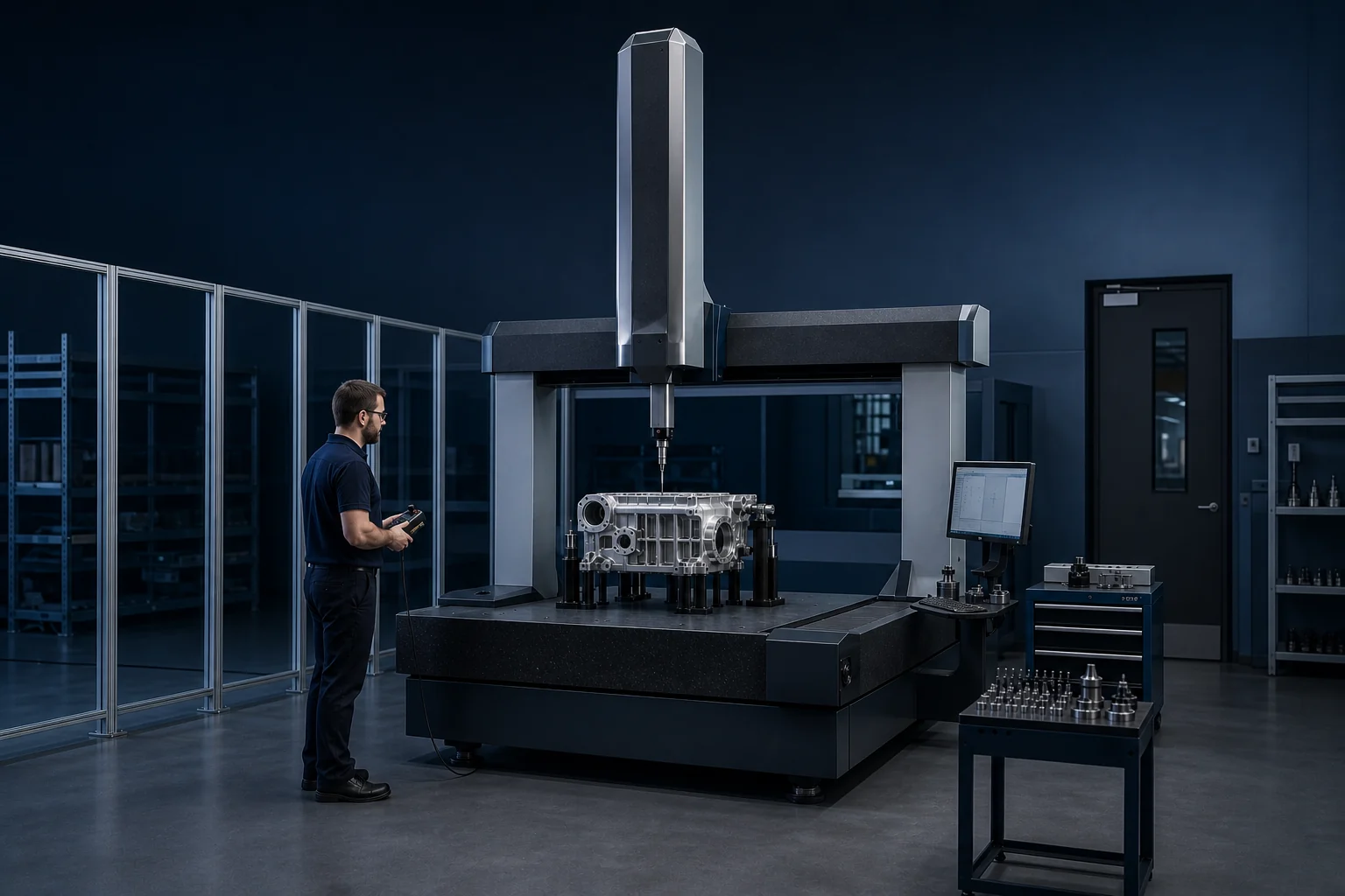A quality engineer inspecting a complete precision component in an advanced metrology cell