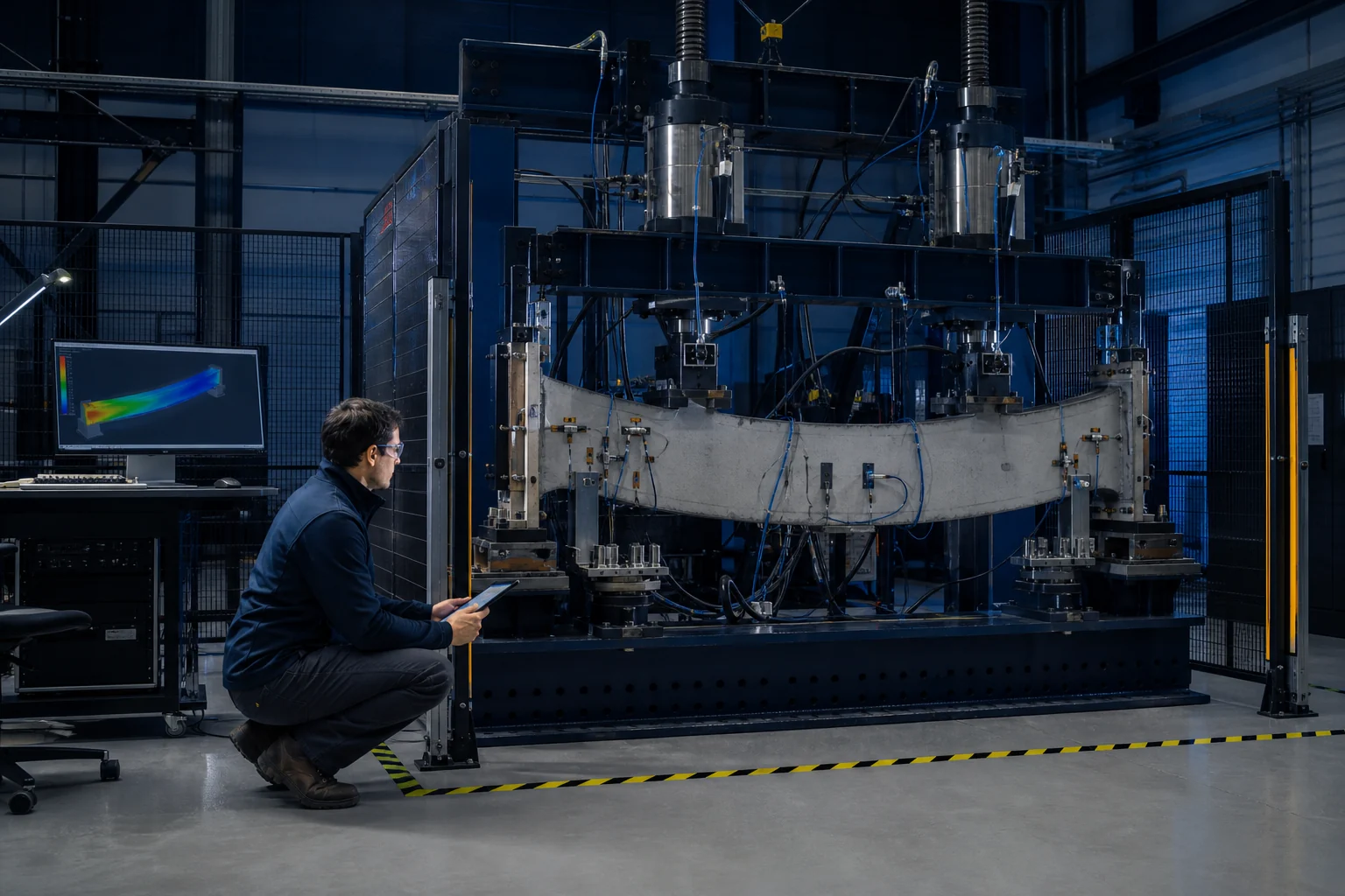 Engineers correlating structural simulation with evidence from a physical test rig