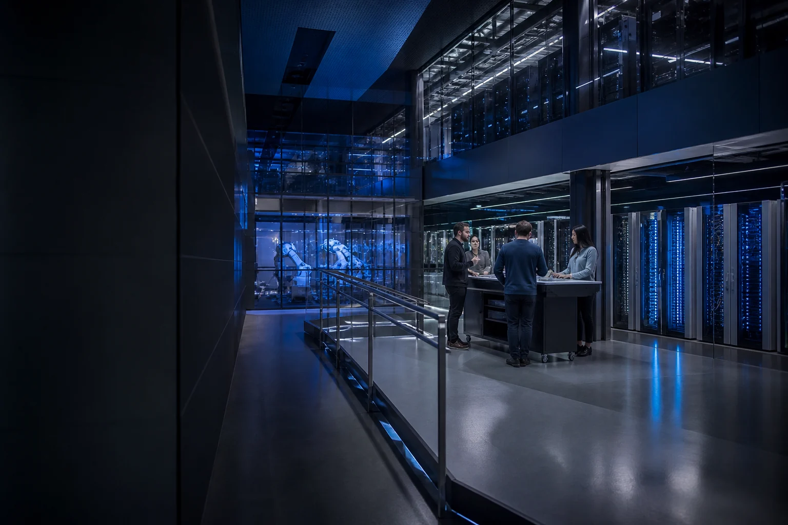 Technology specialists working beside enterprise infrastructure in a modern data facility