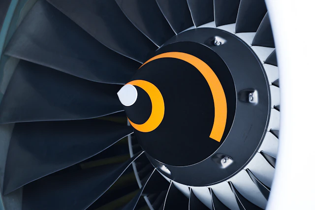 Close view of an aircraft turbine and fan blades
