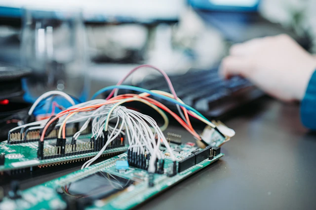 Electronics development workspace with circuit boards and a computer