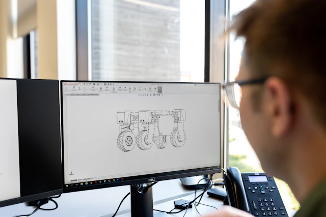 Mechanical engineer developing a component model on a CAD workstation