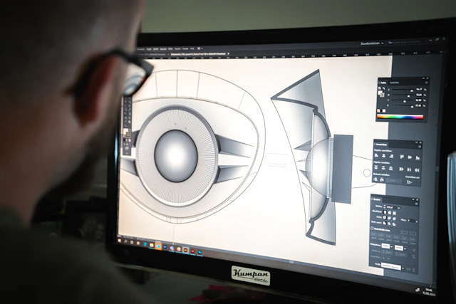 Product designer developing a vehicle headlight on a computer