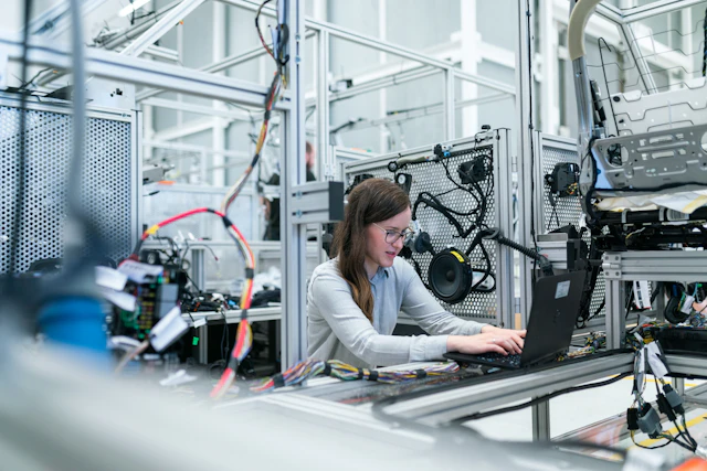 Electronics engineer using a laptop to run vehicle tests