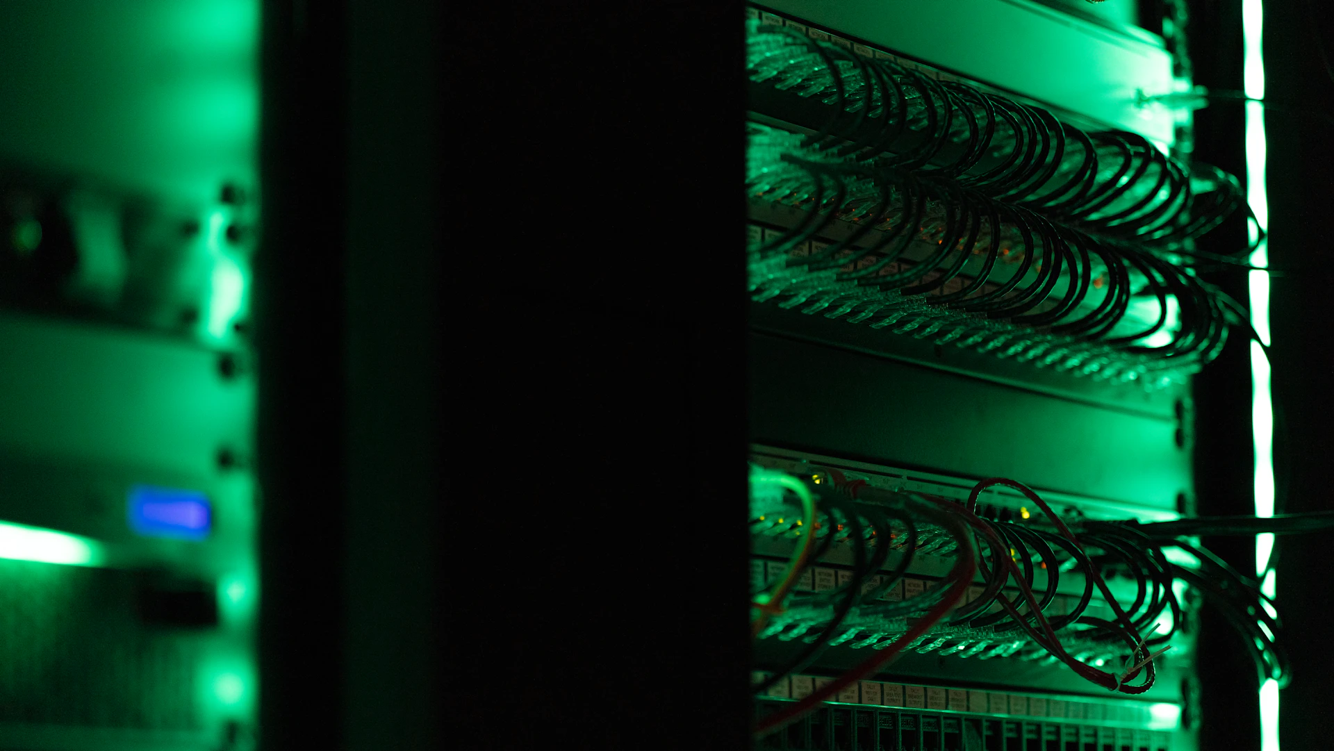 Computer servers and networking equipment in a rack